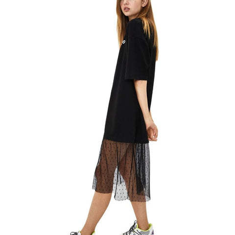 Elegant Chic Midi Dress Women Summer Beach Lace Cotton Stitching Casual Sexy Party Black T Shirt Dresses Sundress Oversized