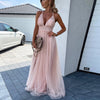 Elegant Chic Solid Party Maxi Dress Women Sexy Deep V-Neck  Lace Patchwork Mesh Long Dresses Ladies Backless Cross Dress