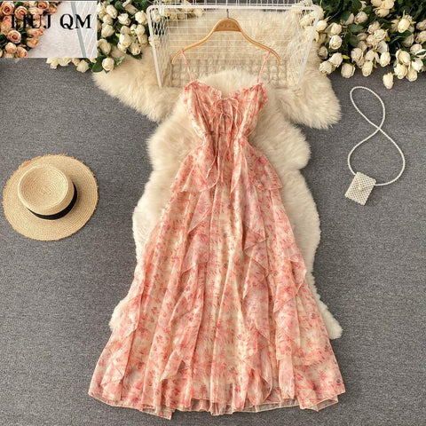 Elegant Chiffon Print Dress Women Retro Sexy Sweet Chic Spaghetti Strap Lace-up Corset Dress Boho Holiday Maxi Dress Summer 2023