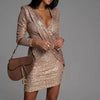 Elegant Deep V-Neck Sequin Bodycon Mini Dress Autumn Long Sleeve Party Dress Spring Draped Solid Women Dress Vestido