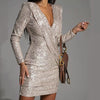 Elegant Deep V-Neck Sequin Bodycon Mini Dress Autumn Long Sleeve Party Dress Spring Draped Solid Women Dress Vestido