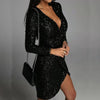 Elegant Deep V-Neck Sequin Bodycon Mini Dress Autumn Long Sleeve Party Dress Spring Draped Solid Women Dress Vestido