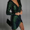 Elegant Deep V-Neck Sequin Bodycon Mini Dress Autumn Long Sleeve Party Dress Spring Draped Solid Women Dress Vestido