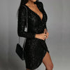 Elegant Deep V-Neck Sequin Bodycon Mini Dress Autumn Long Sleeve Party Dress Spring Draped Solid Women Dress Vestido