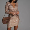 Elegant Deep V-Neck Sequin Bodycon Mini Dress Autumn Long Sleeve Party Dress Spring Draped Solid Women Dress Vestido