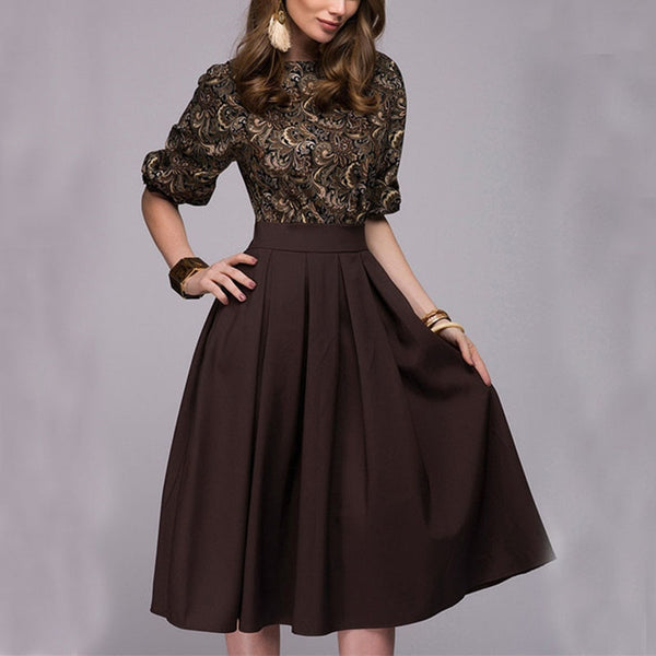 Elegant Dress 2022 Spring and Autumn Women O-neck 3/4 Sleeve Knee-length Dress Women Dress with Ruffles Office Dress Vestidos