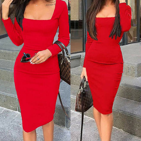 Elegant Dress Women Long Sleeve Bodycon Dress Ladies Autumn Casual Dress Party Dress Xmas Warm Cotton Winter Dress