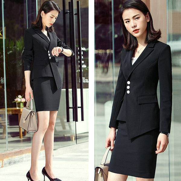 Elegant Designer Office Suit Long Sleeve Single Breasted Notched Womens Uniform Business Blazer with Skirt Plus Size