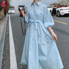 Elegant Dress Women Tender Solid Blue French A-line Sashes Empire Mid-calf Single Breasted Casual Office Ladies Vestidos