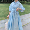 Elegant Dress Women Tender Solid Blue French A-line Sashes Empire Mid-calf Single Breasted Casual Office Ladies Vestidos