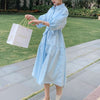 Elegant Dress Women Tender Solid Blue French A-line Sashes Empire Mid-calf Single Breasted Casual Office Ladies Vestidos