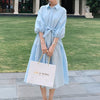 Elegant Dress Women Tender Solid Blue French A-line Sashes Empire Mid-calf Single Breasted Casual Office Ladies Vestidos