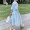 Elegant Dress Women Tender Solid Blue French A-line Sashes Empire Mid-calf Single Breasted Casual Office Ladies Vestidos