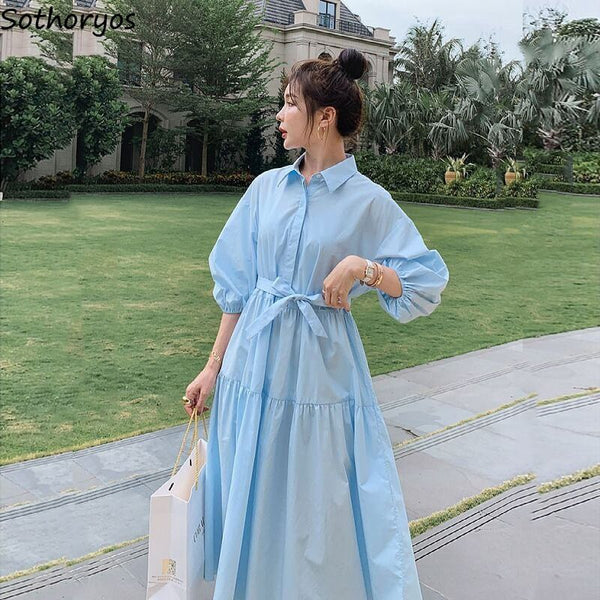 Elegant Dress Women Tender Solid Blue French A-line Sashes Empire Mid-calf Single Breasted Casual Office Ladies Vestidos