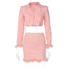 Elegant Feather Blazer Suit Two Piece Sets Women Autumn 2023 Sexy Outfits Matching Set Long Sleeve Blazer and Skirt Set