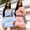 Elegant Feather Blazer Suit Two Piece Sets Women Autumn 2023 Sexy Outfits Matching Set Long Sleeve Blazer and Skirt Set