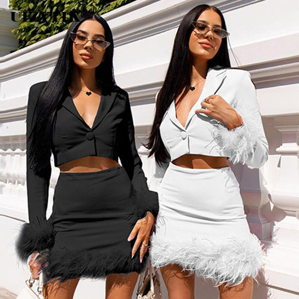 Elegant Feather Blazer Suit Two Piece Sets Women Autumn 2023 Sexy Outfits Matching Set Long Sleeve Blazer and Skirt Set