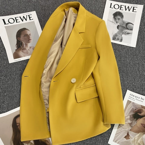 Elegant Vintage Women Casual Long Sleeve Solid Blazer Lapel Office Ladies Double Breasted Temperament Blazer Clothing