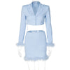 Elegant Faux Fur Feather Blazer Suit Two Piece Sets Women Autumn 2023 Sexy Outfits Matching Set Long Sleeve Blazer and Skirt Set