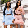 Elegant Faux Fur Feather Blazer Suit Two Piece Sets Women Autumn 2023 Sexy Outfits Matching Set Long Sleeve Blazer and Skirt Set