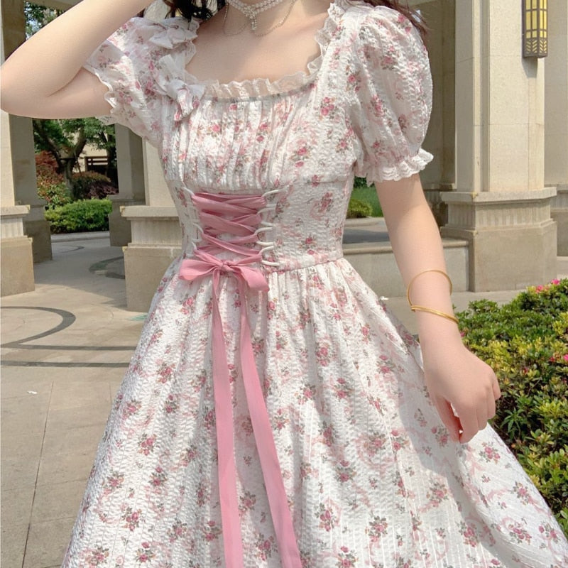 Elegant Floral Dress Women Lace Up Korean Princess Fairy Sweet Midi Dr |  GraceQueens