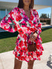 Elegant Floral Print Ruffle Mini Dress Dress Spring Summer Casual Long Sleeve A-Line Dress Sexy V Neck Elastic Waist Mini Dress