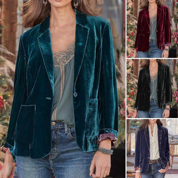 Elegant Golden Velvet Women Blazers Long Sleeve Big Pockets Single Button Autumn Winter Lapel Office Suit Jacket Coat Workwear