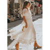 Elegant Hollow Out White Dress Women Long Lace Dress Cross Semi-Sheer Plunge V-Neck Short Sleeve Maxi Dress Princess Vestidos
