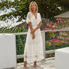 Elegant Hollow Out White Dress Women Long Lace Dress Cross Semi-Sheer Plunge V-Neck Short Sleeve Maxi Dress Princess Vestidos