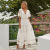 Elegant Hollow Out White Dress Women Long Lace Dress Cross Semi-Sheer Plunge V-Neck Short Sleeve Maxi Dress Princess Vestidos