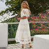 Elegant Hollow Out White Dress Women Long Lace Dress Cross Semi-Sheer Plunge V-Neck Short Sleeve Maxi Dress Princess Vestidos