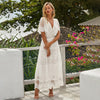 Elegant Hollow Out White Dress Women Long Lace Dress Cross Semi-Sheer Plunge V-Neck Short Sleeve Maxi Dress Princess Vestidos