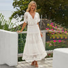 Elegant Hollow Out White Dress Women Long Lace Dress Cross Semi-Sheer Plunge V-Neck Short Sleeve Maxi Dress Princess Vestidos