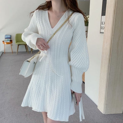 Elegant Lace-up Lantern Sleeve A-line Knitted Dress Temperament V Neck Twist Pattern Sweater Dress Women Autumn Winter Dress