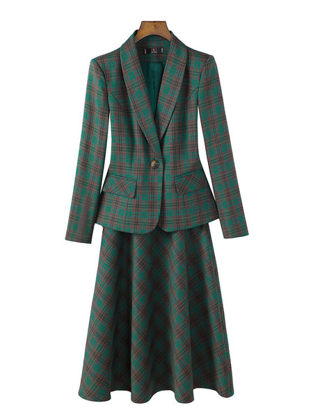 Elegant Ladies Formal Skirt Suit Women Green Coffee Plaid Long Sleeve Two Piece Set Blazer for Business Work Wear