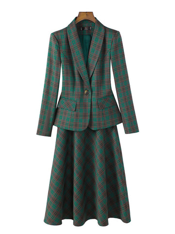Elegant Ladies Formal Skirt Suit Women Green Coffee Plaid Long Sleeve Two Piece Set Blazer for Business Work Wear