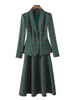 Elegant Ladies Formal Skirt Suit Women Green Coffee Plaid Long Sleeve Two Piece Set Blazer for Business Work Wear
