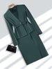 Elegant Ladies V-Neck Formal Skirt Suit Green Khaki Black Female Long Sleeve Two Piece Set Blazer for Business Work Wear