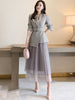 Elegant Lady Spring Autumn Designers Women Notched Lace Up Blazer Suit Mesh Pleated Skirt Set Office Party Outfits