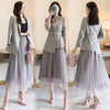 Elegant Lady Spring Autumn Designers Women Notched Lace Up Blazer Suit Mesh Pleated Skirt Set Office Party Outfits