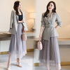 Elegant Lady Spring Autumn Designers Women Notched Lace Up Blazer Suit Mesh Pleated Skirt Set Office Party Outfits