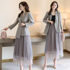 Elegant Lady Spring Autumn Designers Women Notched Lace Up Blazer Suit Mesh Pleated Skirt Set Office Party Outfits