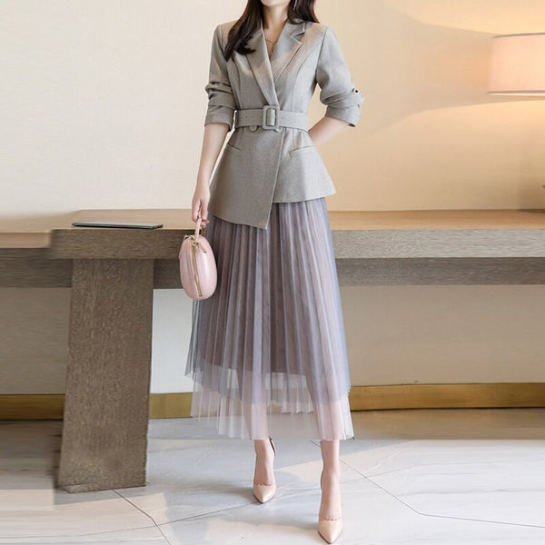 Elegant Lady Spring Autumn Designers Women Notched Lace Up Blazer Suit Mesh Pleated Skirt Set Office Party Outfits