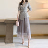 Elegant Lady Spring Autumn Designers Women Notched Lace Up Blazer Suit Mesh Pleated Skirt Set Office Party Outfits