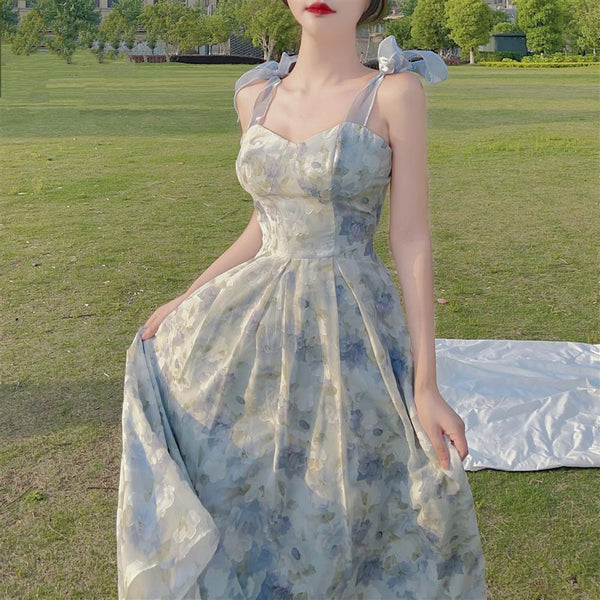 Elegant Long Flower Strap Dress Women Vintage Sweet Print Korean Slip Fairy Dress Casual Calssy Party Princess Dress Spring 2023
