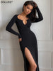 Elegant Long Sleeve Party Dresses For Women 2023 Spring Cut Out Slit Sexy Black Dress Bandage Bodycon Maxi Long Dress Autumn