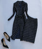 Elegant Medium Long Plaid Suit Coat and High Waist Faux Woolen Plaid Skirt Office Lady Clothing Set