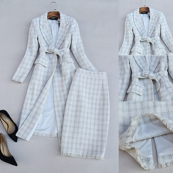 Elegant Medium Long Plaid Suit Coat and High Waist Faux Woolen Plaid Skirt Office Lady Clothing Set