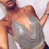Elegant Metal Crop Top Summer Sexy Clubwear Backless Beach Halter Gold Sequined Party Women Tank Top Camis