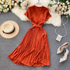 Elegant Midi retro Dress Women's 2022  Solid Color V-neck Lace-up Waist Slimming over-the-Knee Pleated Dress Office Lady
